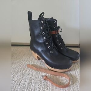 Swedish Hasbeens Black Leather Lace-Up Boots with Tan Sole